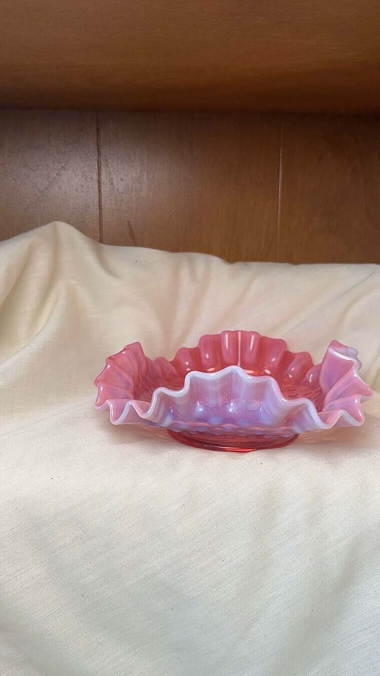 Fenton Cranberry Opalescent Hobnail Ruffled Bowl Pink Glass